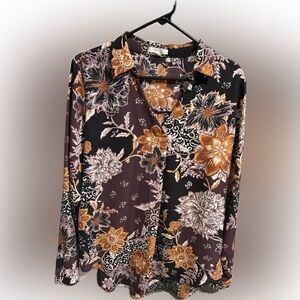 Maurices Black Floral Button-Down Shirt with Brown Accents